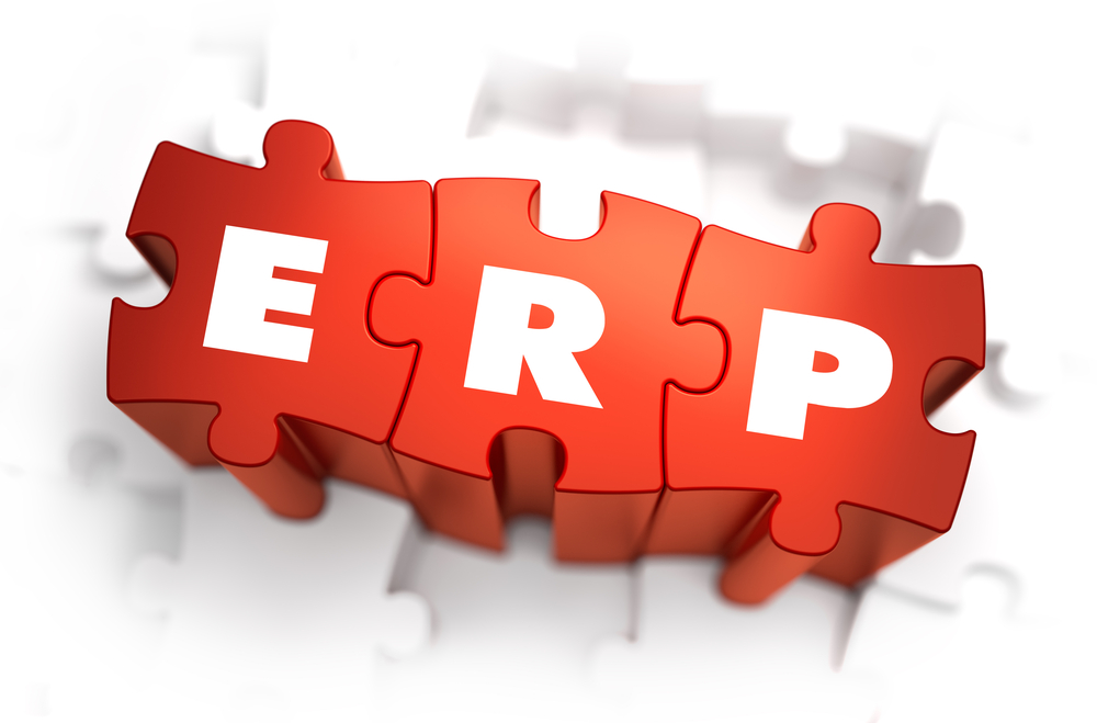 ERP - Enterprise Reesource Planning - Text on Red Puzzles with White Background. 3D Render.